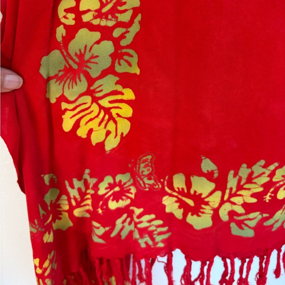 Pineapple Moon Red Floral Bhatik Cold-Shoulder Hawaiian Midi Dress OS - Picture 2 of 4
